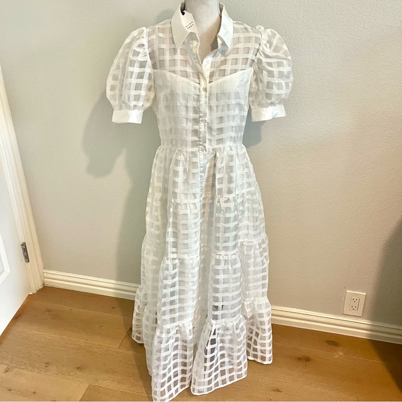 English Factory White Check Puff Sleeve Midi Dress - Picture 7 of 12